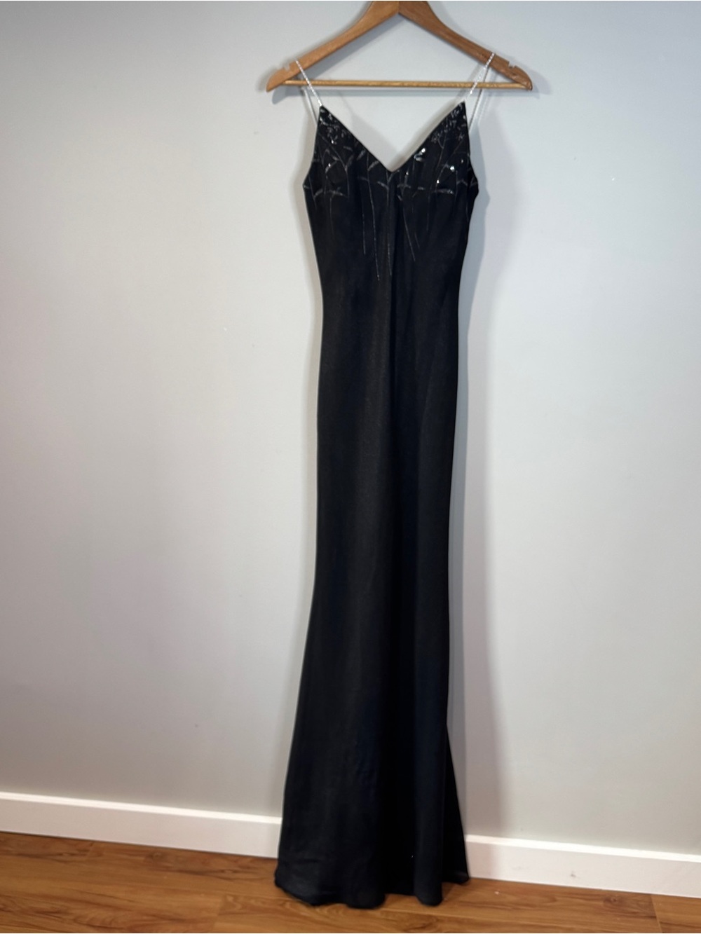 Vintage 1001 Nights Black Formal Gown Rhinestone Strap Train USA Y2K Prom Glam S